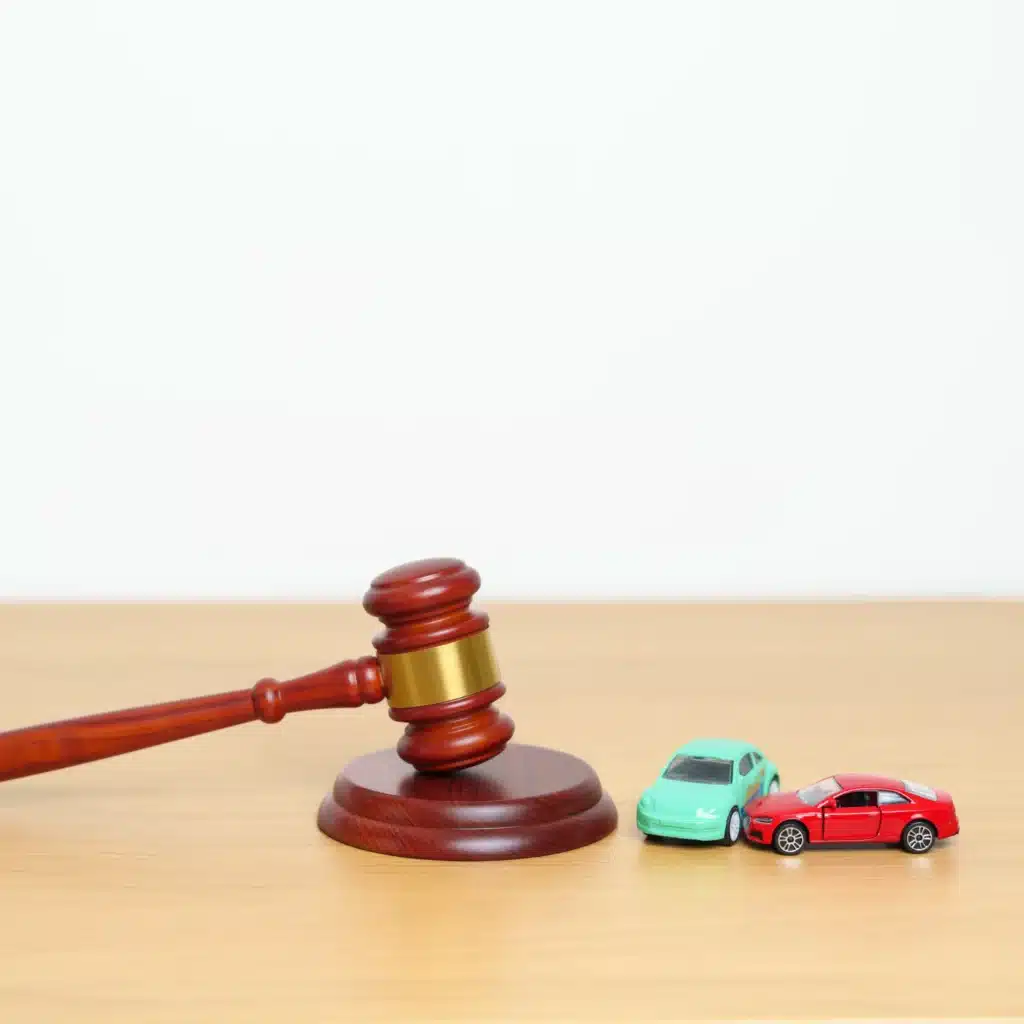 crashed small toy car models with Judges gavel on desk in courthouse.