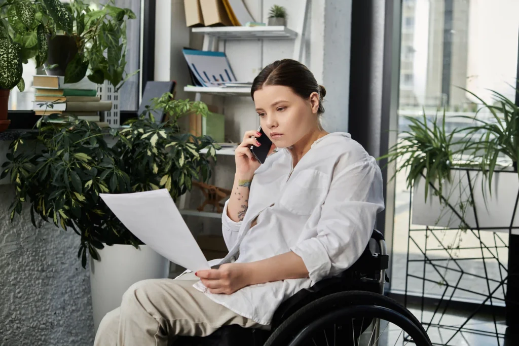Young businesswoman in wheelchair works in modern office